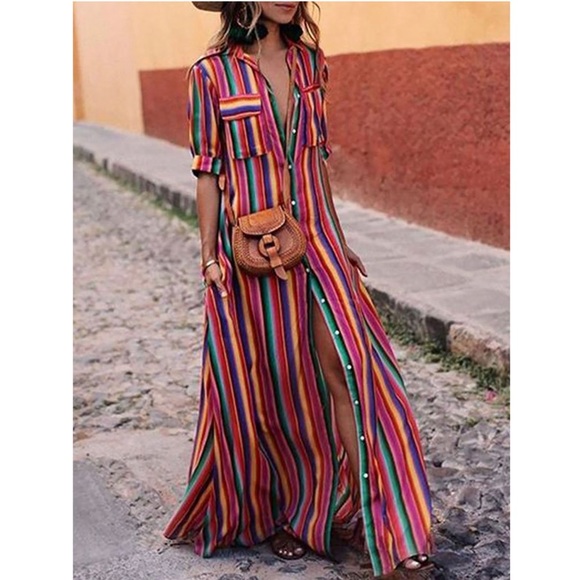 Boutique Dresses & Skirts - Skittles Rainbow Boho Stripes Maxi Tunic Dress